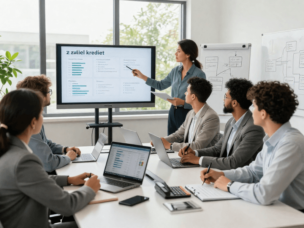 Zakelijk krediet bespreking in een professionele kantooromgeving met een divers team van specialisten.