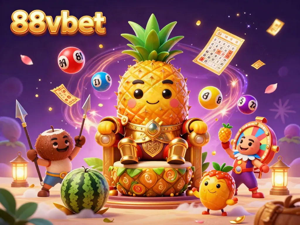 Experience the vibrant casino world with 88vbet, featuring colorful game elements and a golden pineapple king.