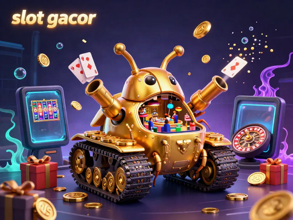 Engage with slot gacor in this lively 3D casino scene showcasing a golden beetle tank bursting with colorful game action.
