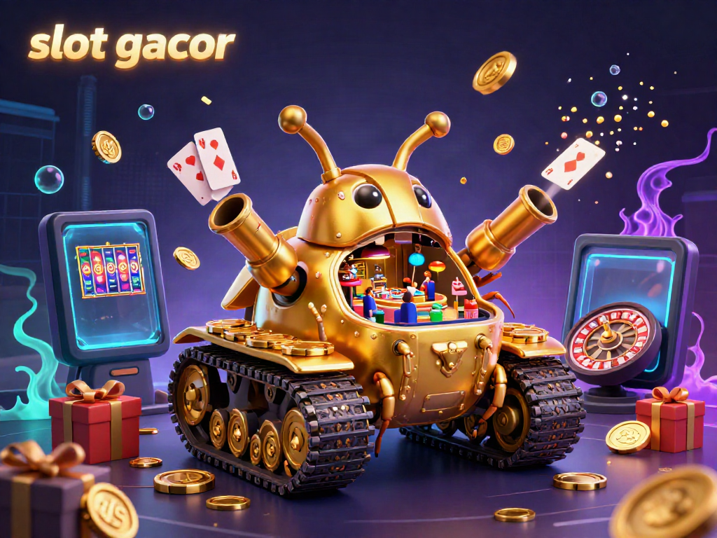 Engage with slot gacor in this lively 3D casino scene showcasing a golden beetle tank bursting with colorful game action.