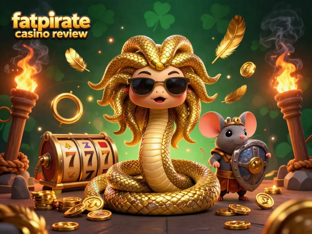 Engaging fatpirate casino review showcasing a lively scene with Medusa, a warrior mouse, and casino elements.