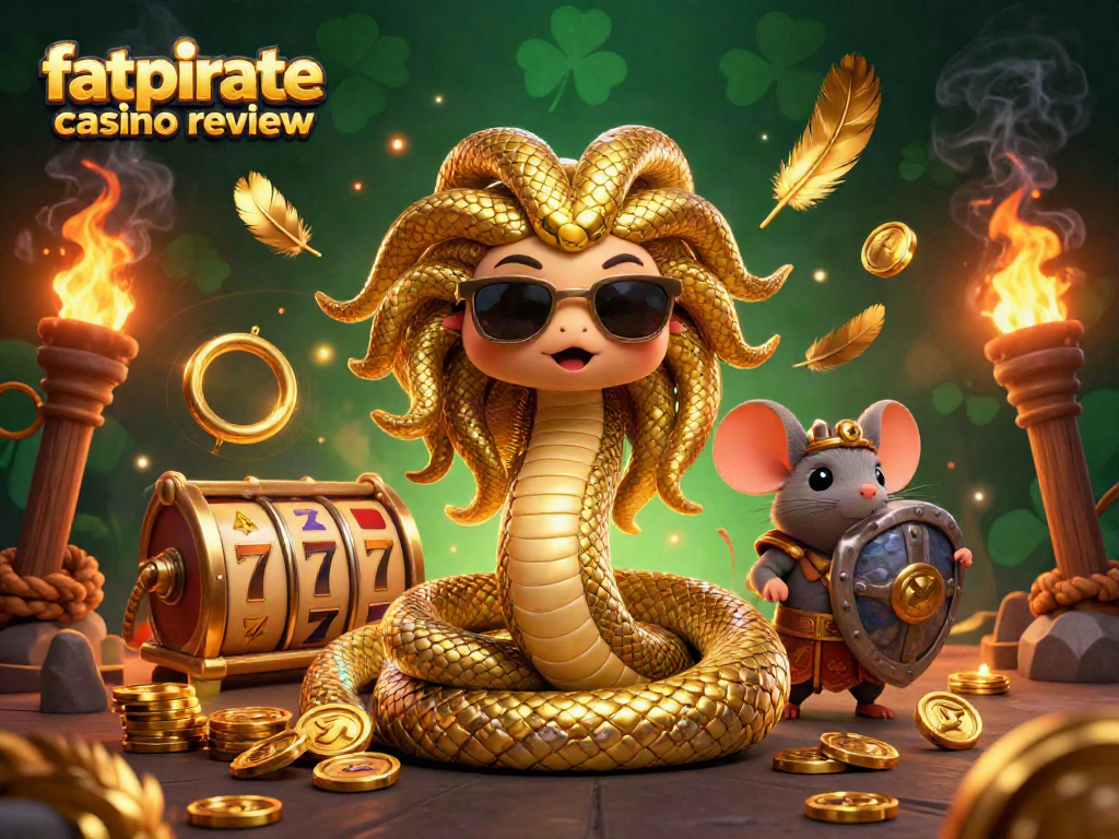 Engaging fatpirate casino review showcasing a lively scene with Medusa, a warrior mouse, and casino elements.