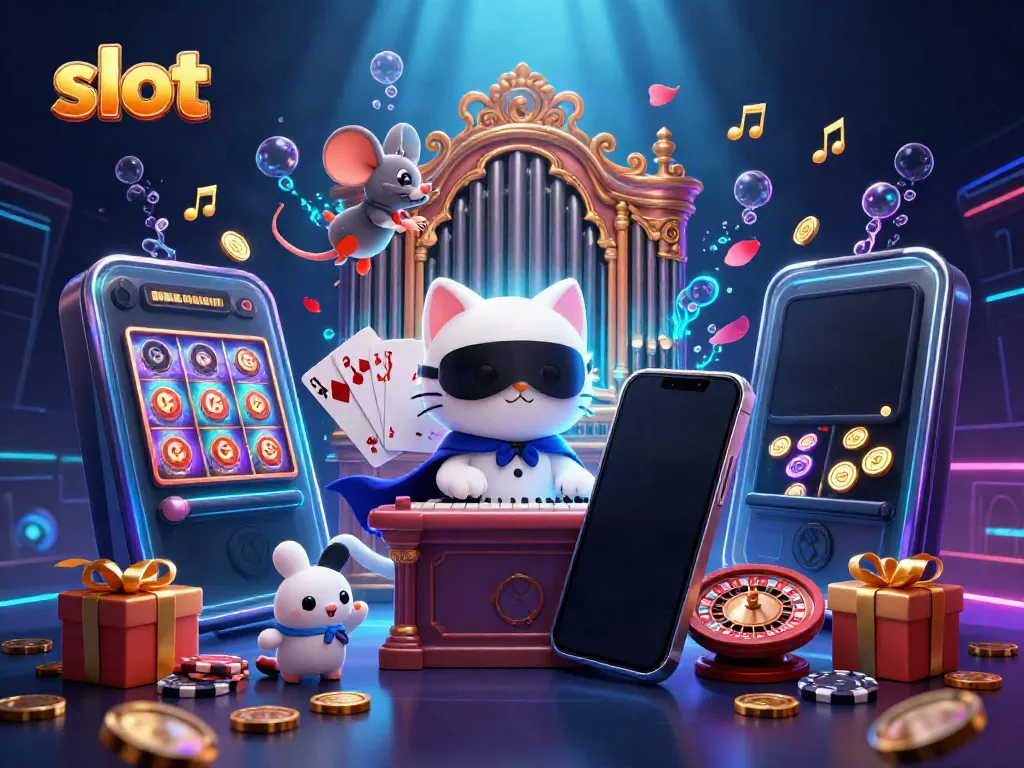 Experience thrilling slot gameplay with a whimsical casino scene featuring a masked cat and vibrant game elements.