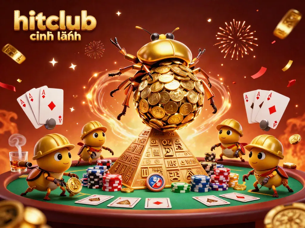 Engage with hitclub chính hãng through an exciting online casino scene featuring golden beetles and poker elements.