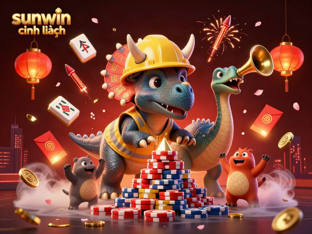 Engage with the sunwin chính hãng experience while a triceratops builds a poker chip pyramid in a festive gaming scene.