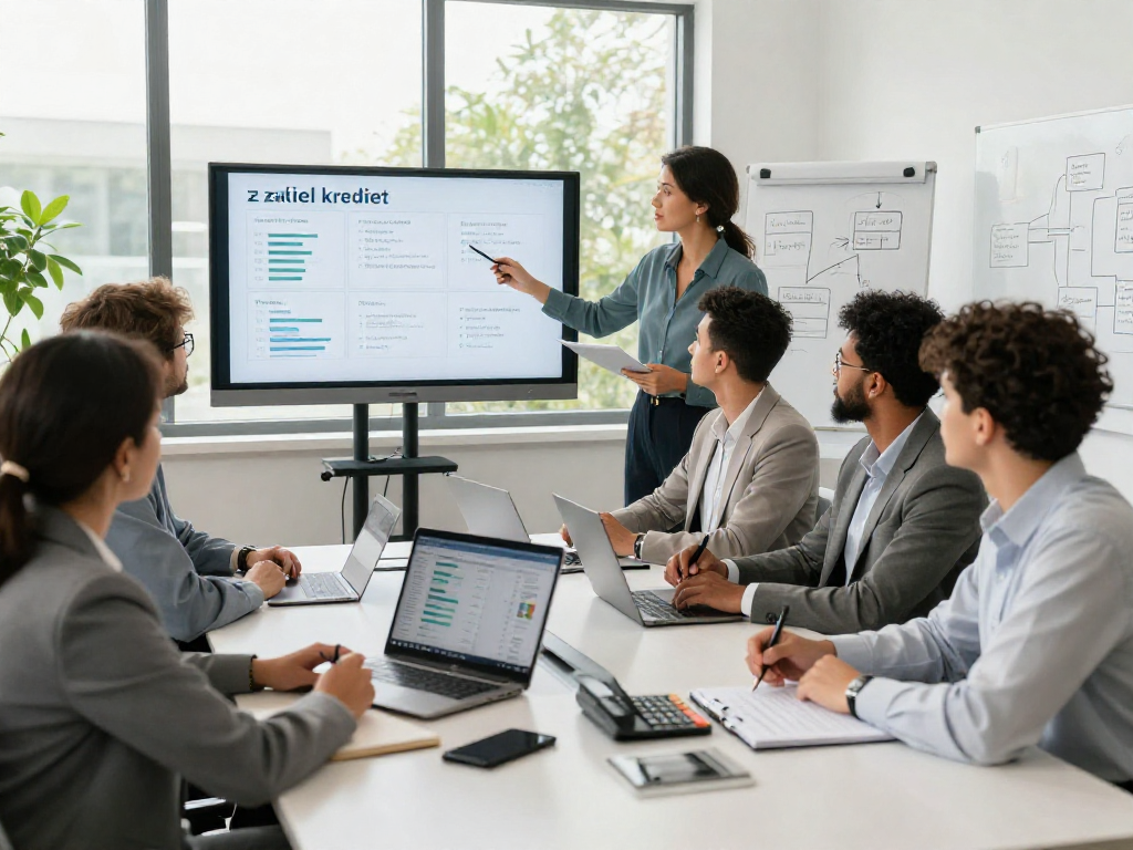 Zakelijk krediet bespreking in een professionele kantooromgeving met een divers team van specialisten.