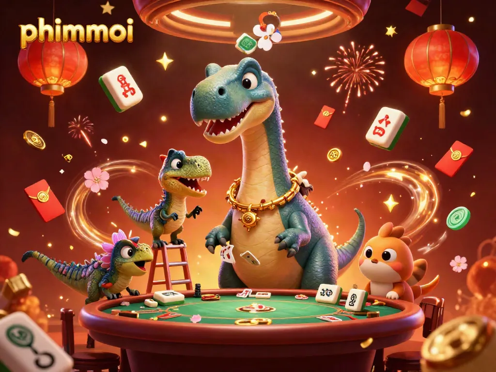 Engage in thrilling poker action with phimmoi's vibrant 3D animated casino scene featuring dinosaurs and dynamic elements.