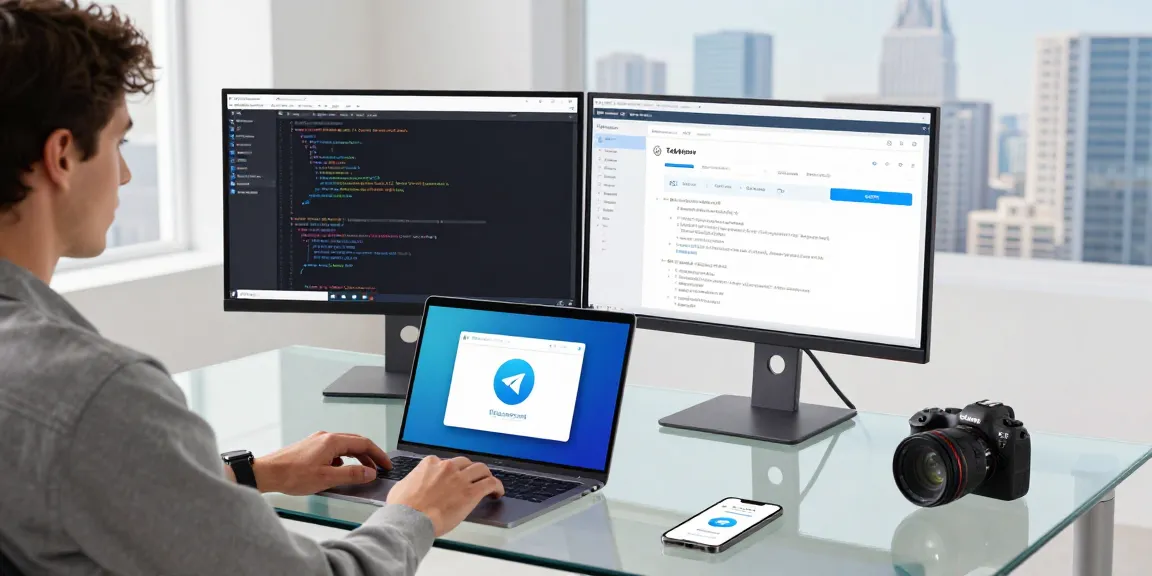 Download Telegram and navigate its user-friendly interface in a modern workspace setting with dual monitors and vibrant visuals.