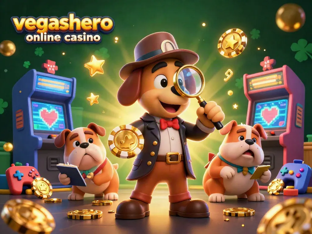 Play slots and win prizes at vegashero online casino with a detective theme illustration.