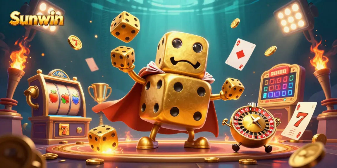 Sunwin showcases an exciting casino scene with a golden dice golem and dynamic slot elements, embodying thrilling gambling action.