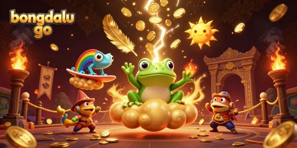 Experience the excitement of bongdalu go with a dynamic storm of golden coins in this vibrant illustration.
