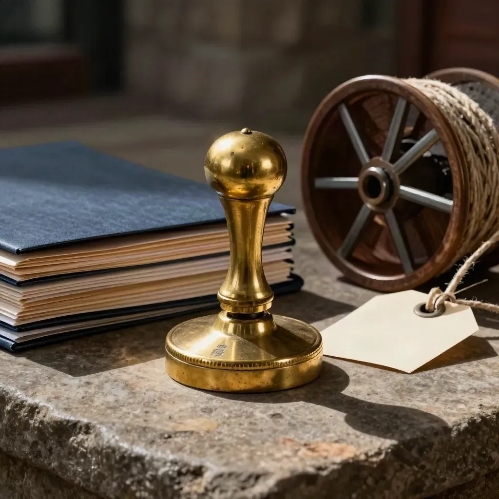 Brass zegelpers met mappen en tagreel op steen, in donker studiolicht.