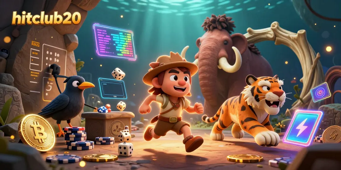 Experience the excitement of hitclub20 in a vibrant prehistoric casino scene with animated characters and crypto elements.