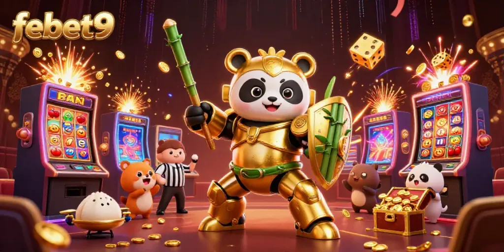 Experience exciting wins with febet9's jackpot scene featuring a golden panda and dynamic games.