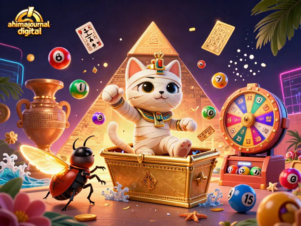 Engage with ahimajournal-digital’s vibrant casino scene showcasing a lively mummy cat and glowing scarab in action.