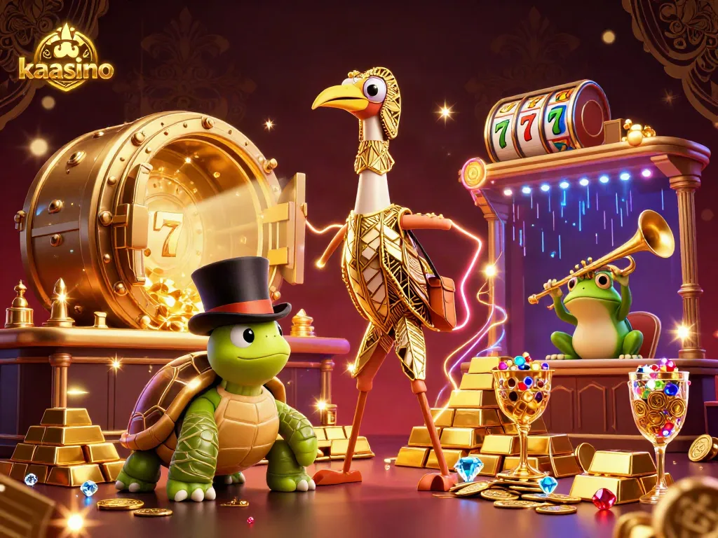 Kaasino offers vibrant casino excitement with cartoon characters, slot elements, and golden treasures.