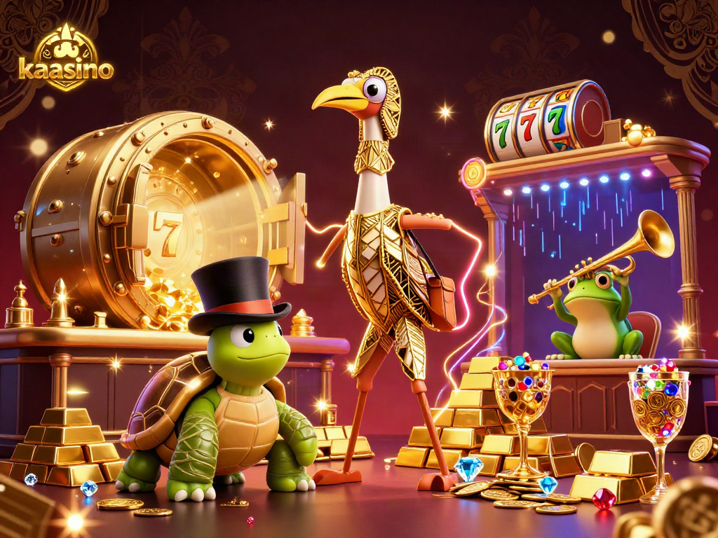 Kaasino offers vibrant casino excitement with cartoon characters, slot elements, and golden treasures.