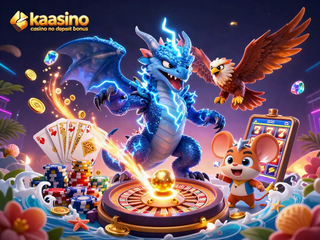Kaasino casino no deposit bonus featuring enchanting dragon and hawk amidst casino treasures and action