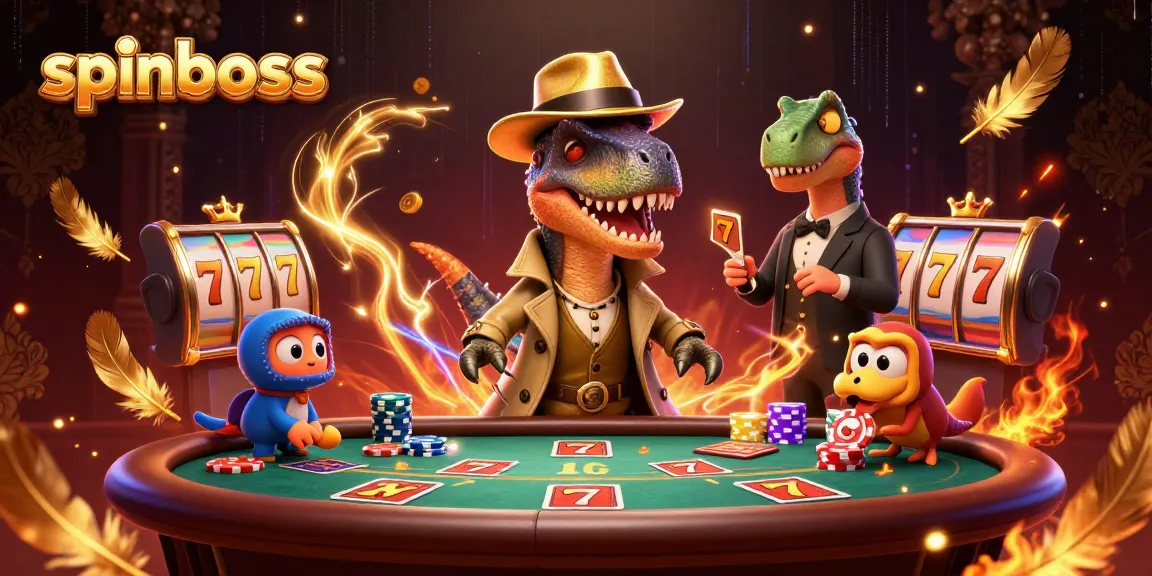 Engaging scene at spinboss casino featuring a velociraptor card counter, stegosaurus pit boss, and compy pickpocket.