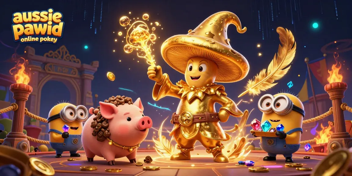 Engage with aussie payid online pokies through an enchanting magical illustration featuring a wizard, treasure, and vibrant casino elements.