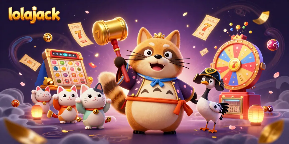 Engage with lolajack in a vibrant gaming 3D scene with slot elements and lucky characters.