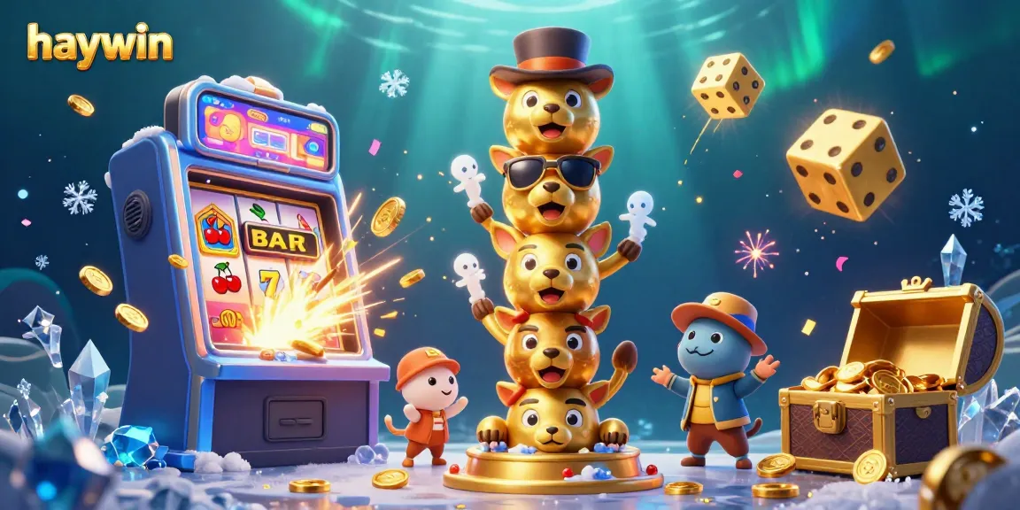 Experience the excitement of haywin with a dynamic 3D casino illustration featuring a golden totem and slot machine.